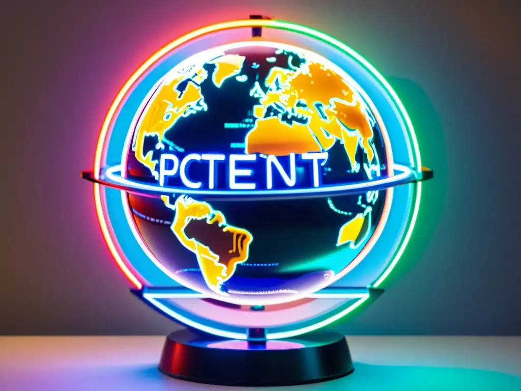 Un globo terráqueo futurista rodeado de documentos de patentes, simbolizando la importancia global del Tratado de Cooperación en Patentes (PCT)