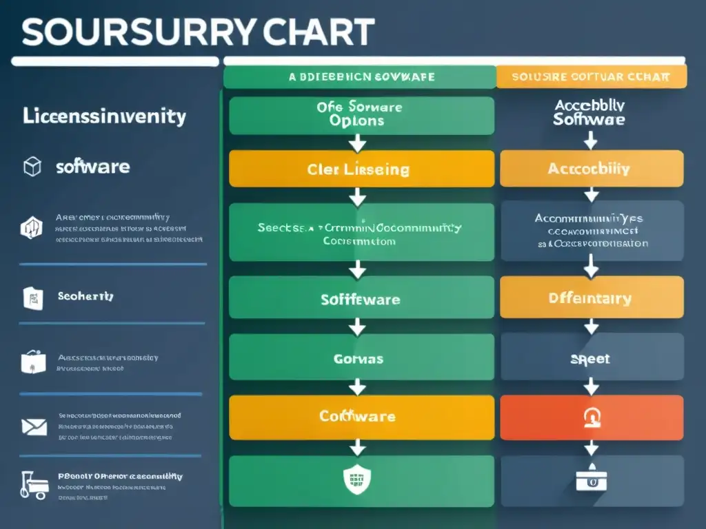 Gráfico detallado que muestra las diferencias entre código abierto y propietario en aspectos como licencia, accesibilidad y personalización