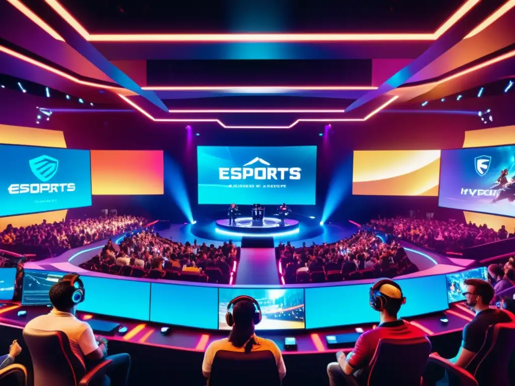 Gran emoción en la arena de eSports con jugadores profesionales compitiendo, rodeados de hologramas de documentos legales