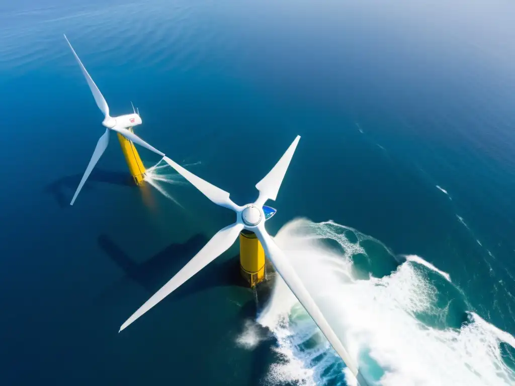 Una granja de energía mareomotriz con turbinas futuristas capturando la fuerza del mar