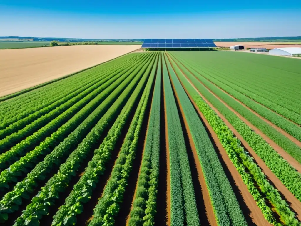 Una granja orgánica con cultivos verdes bajo el sol, con edificios industriales y energía limpia al fondo