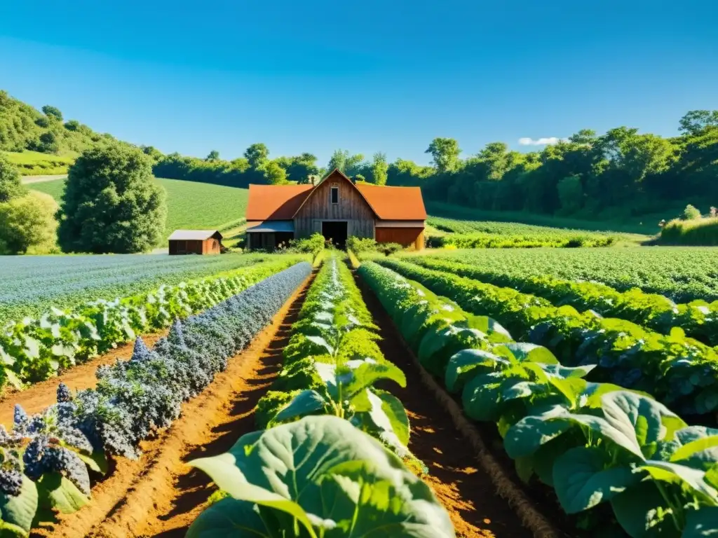 Una granja orgánica vibrante y exuberante con cultivos coloridos y saludables bajo el cielo azul