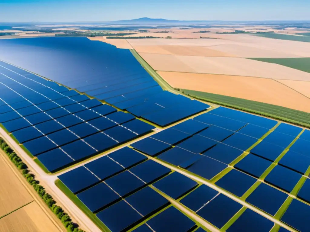 Una granja solar de última generación se extiende bajo un cielo azul claro, con paneles relucientes que reflejan la luz del sol