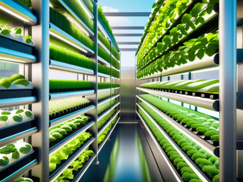 Una granja vertical futurista y sostenible con arquitectura moderna, tecnología avanzada y exuberante vegetación