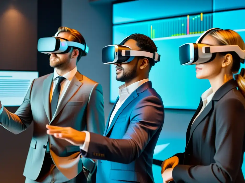 Abogados del entretenimiento en realidad virtual Grupo de abogados de entretenimiento en realidad aumentada explorando contratos holográficos en un mundo virtual futurista