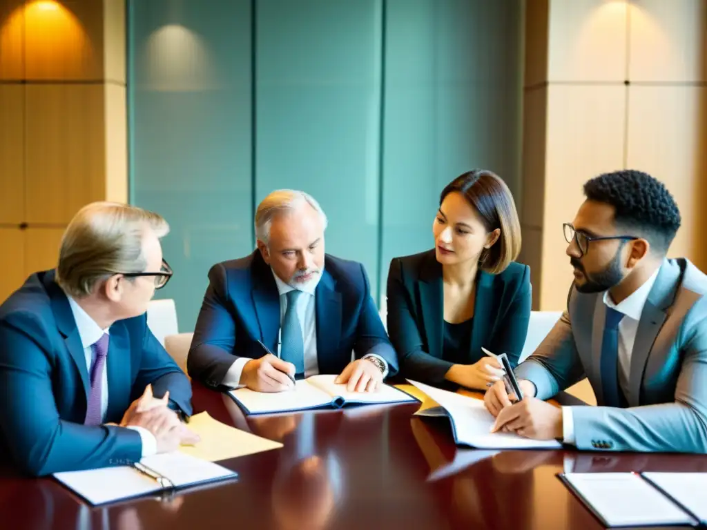 Un grupo de abogados internacionales discuten contratos de coproducción internacional en una sala llena de luz natural, enfocados y profesionales