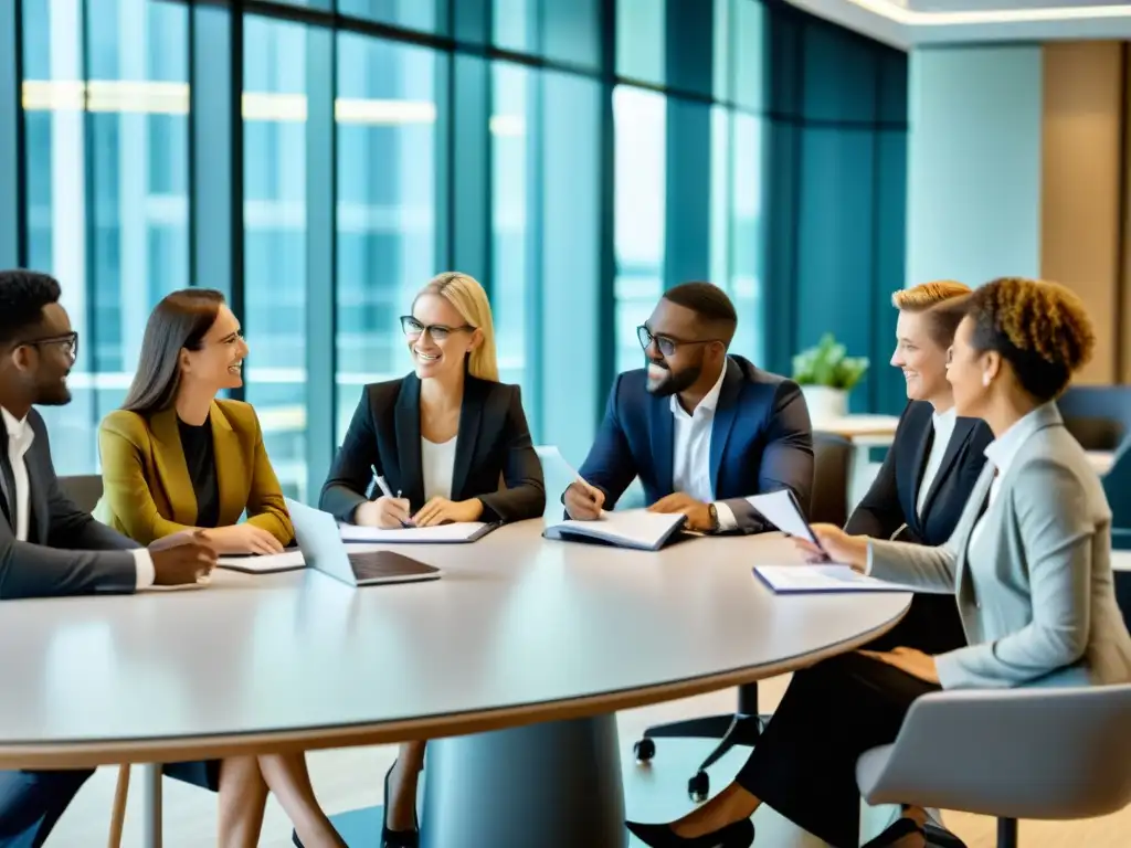 Negociación de contratos: expertos académicos en acción Un grupo de académicos y profesionales legales negocian contratos de propiedad intelectual en un espacio moderno y luminoso, reflejando colaboración y profesionalismo en el ámbito académico
