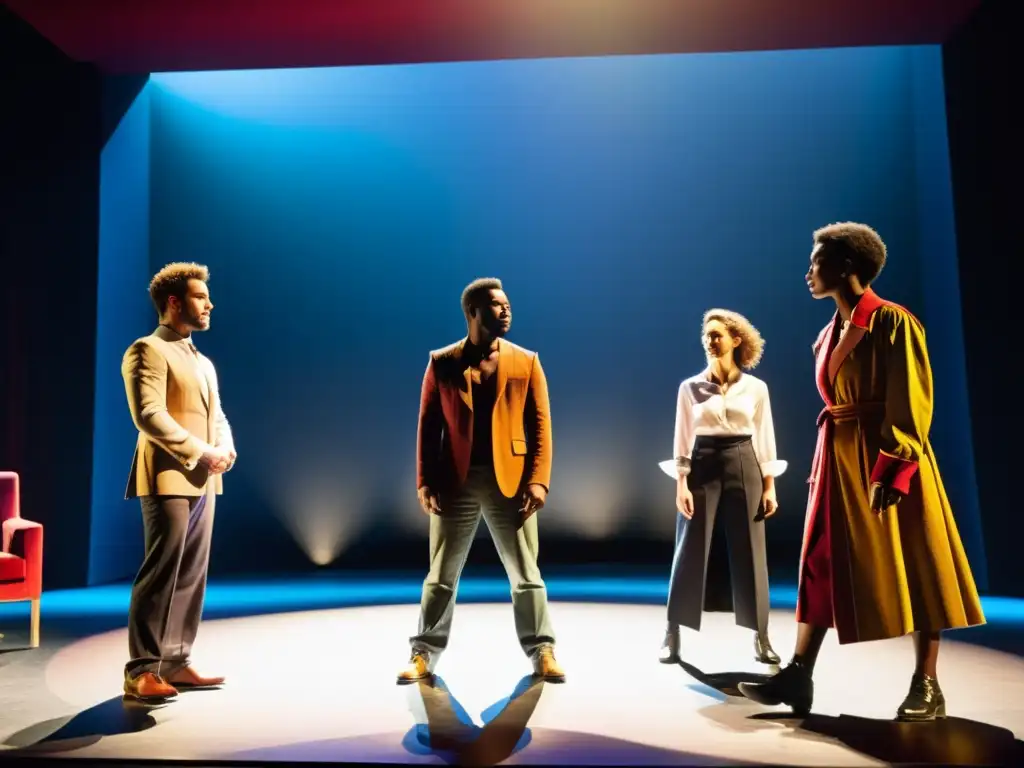 Un grupo de actores ensayando una escena teatral moderna, con iluminación dramática que proyecta sombras dinámicas