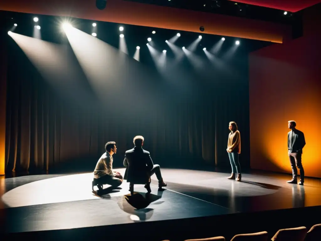 Un grupo de actores ensayando con intensidad en un teatro moderno, iluminados dramáticamente