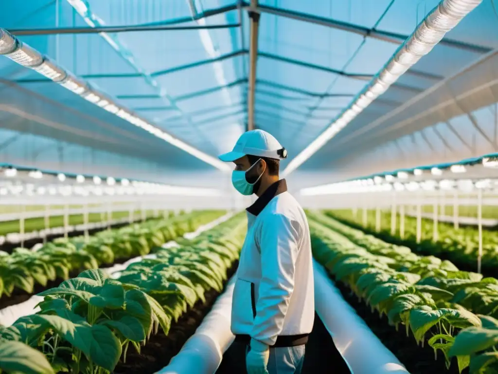 Un grupo de agricultores en un invernadero moderno y tecnológico cuida con esmero cultivos transgénicos bajo luces LED especializadas