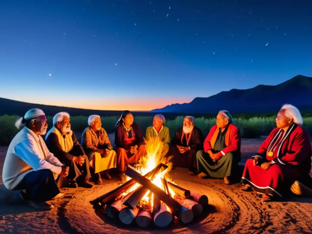 Un grupo de ancianos indígenas comparten sabiduría alrededor de una fogata, protegiendo conocimientos tradicionales y la propiedad intelectual