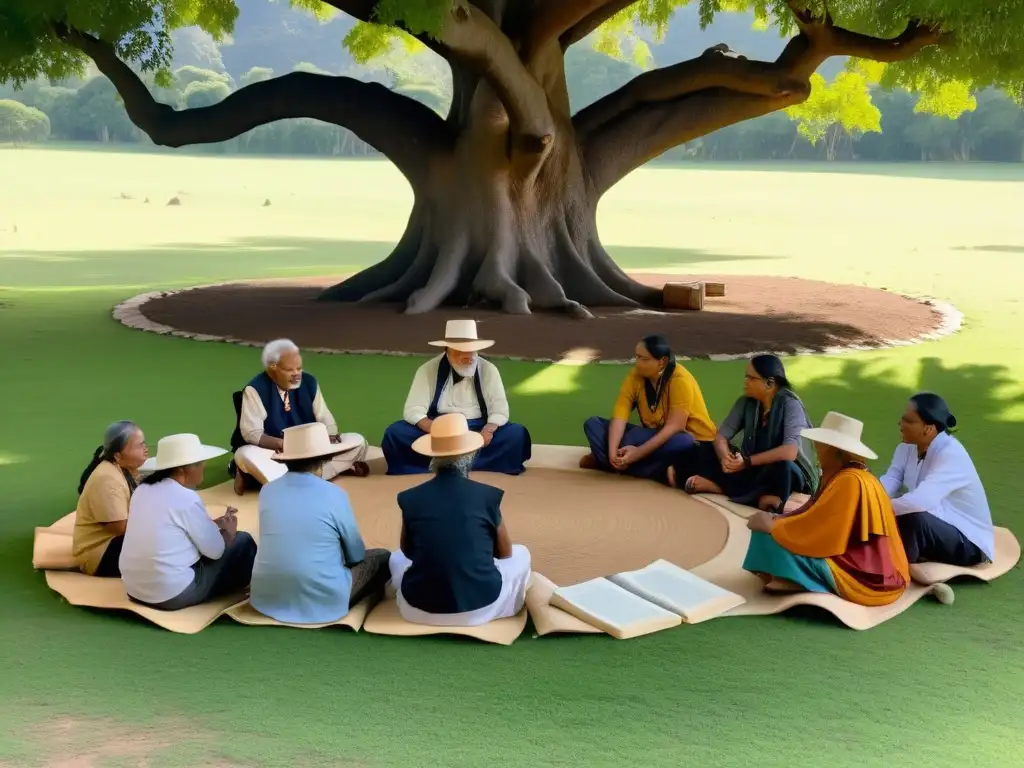 Grupo de ancianos indígenas compartiendo sabiduría bajo un árbol frondoso