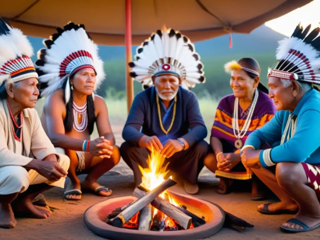 Grupo de ancianos indígenas y miembros de la comunidad en ceremonia tradicional alrededor del fuego sagrado, resaltando la importancia de proteger el conocimiento tradicional y la propiedad intelectual