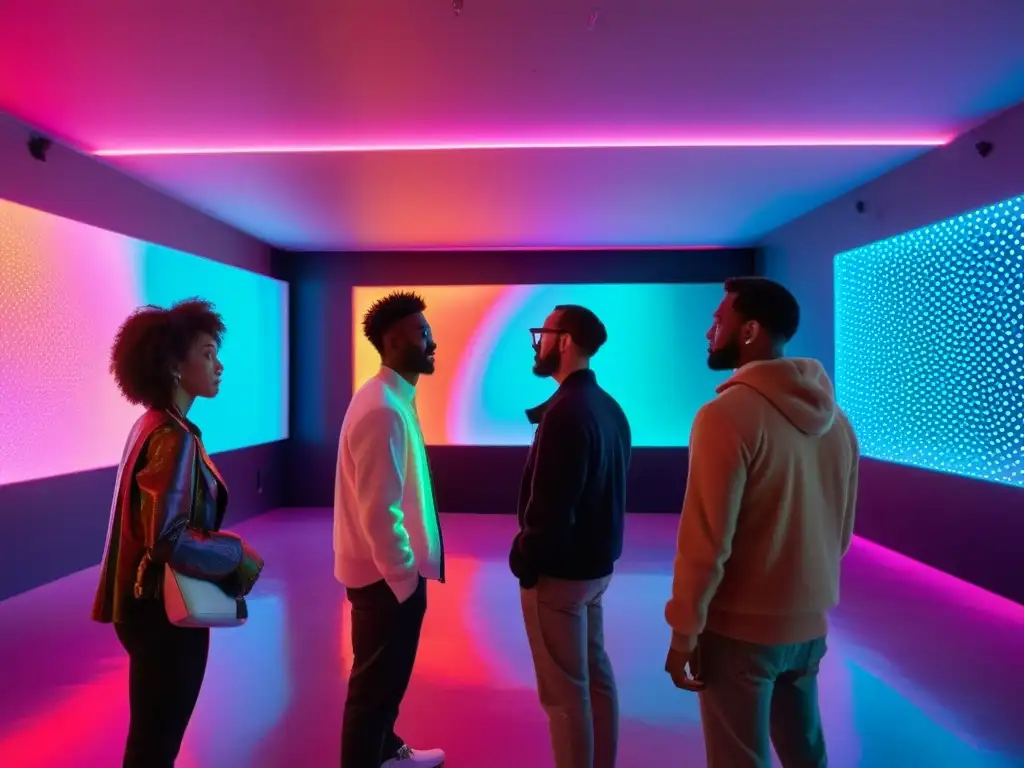 Conversaciones NFT en galería futurista Un grupo de artistas digitales y coleccionistas discuten NFTs y arte digital en una galería futurista, vibrante y llena de obras de otro mundo