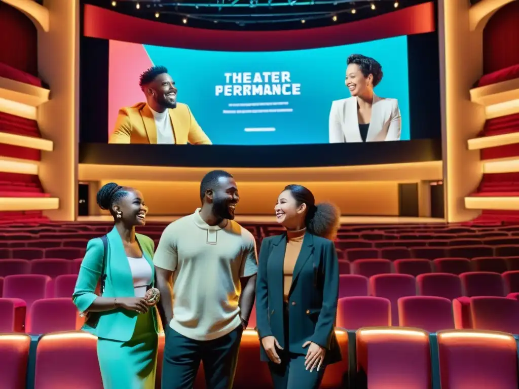 Un grupo de artistas internacionales sonrientes e interactuando frente a un teatro moderno con exhibiciones digitales vibrantes