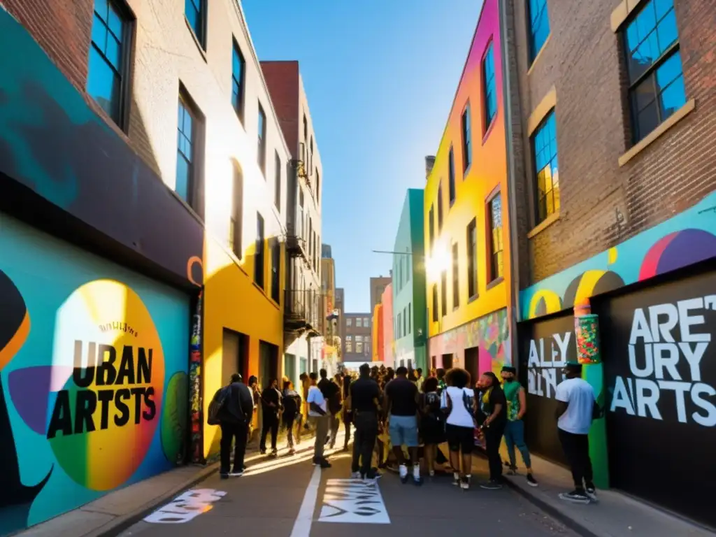 Un grupo de artistas urbanos crea murales dinámicos en un callejón de la ciudad, rodeados de latas de spray y herramientas artísticas