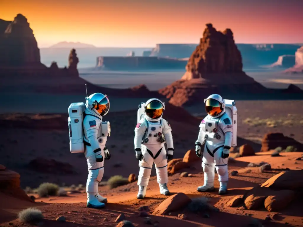 Grupo de astronautas en trajes espaciales futuristas explorando un paisaje iridiscente en un planeta distante