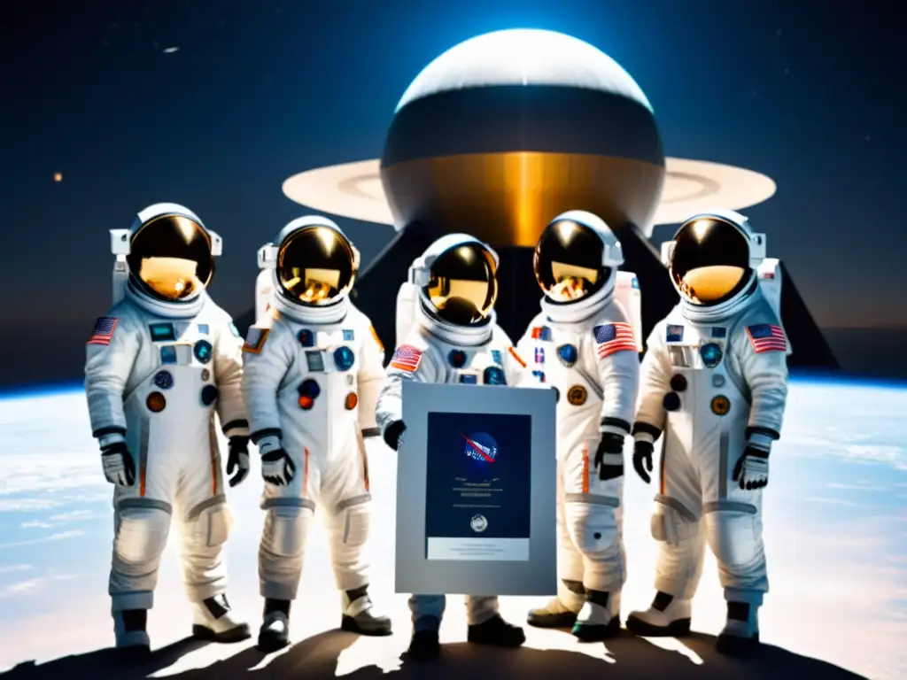 Grupo de astronautas con trajes espaciales modernos sostienen documento de patente frente a nave futurista, con la Tierra de fondo