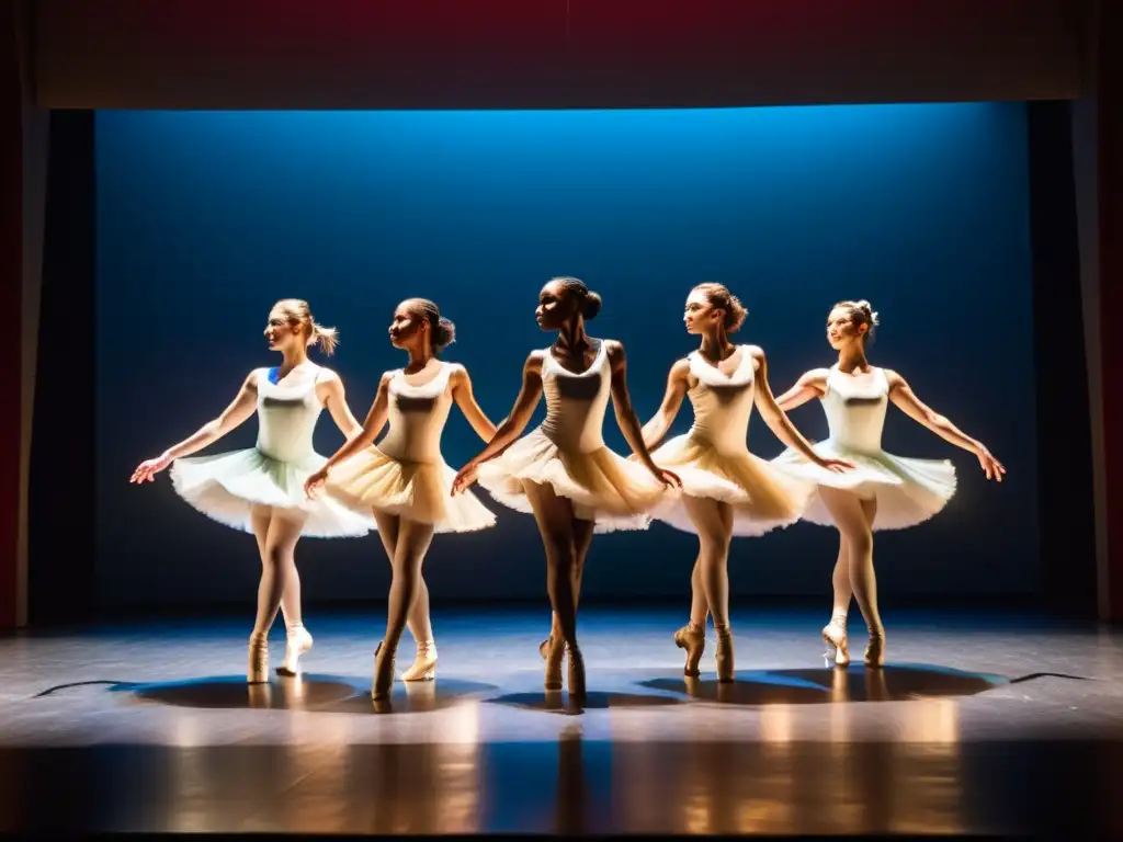 Grupo de bailarines profesionales ejecutando una coreografía sincronizada en un teatro con iluminación tenue