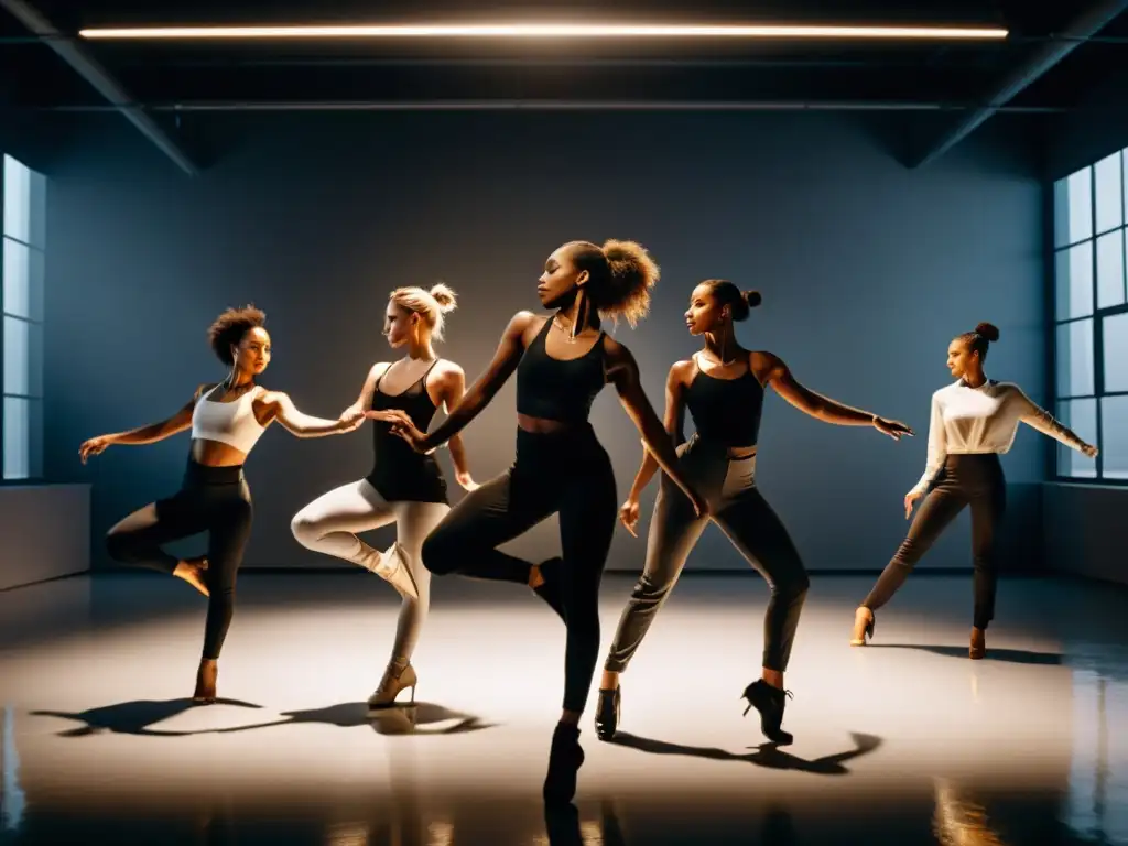 Grupo de bailarines profesionales ensayando una coreografía sincronizada en un estudio industrial