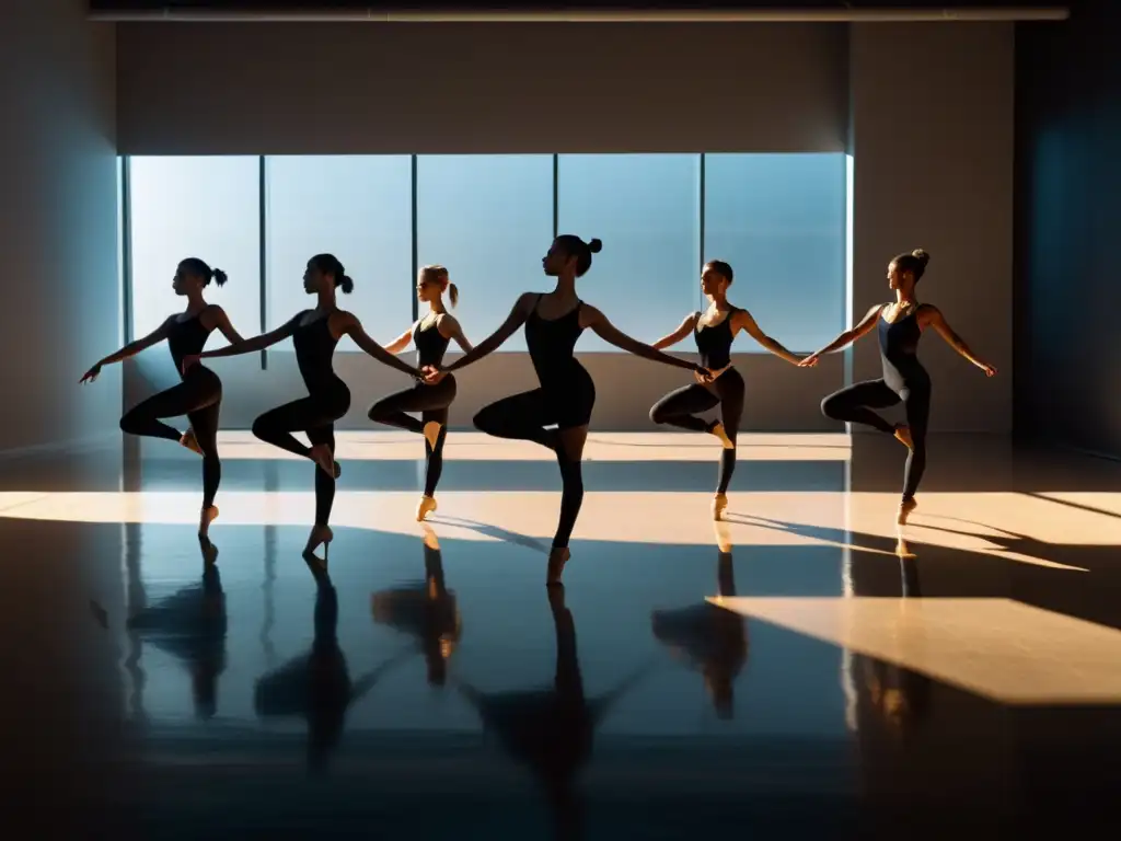 Un grupo de bailarines profesionales en un estudio minimalista, en plena actuación