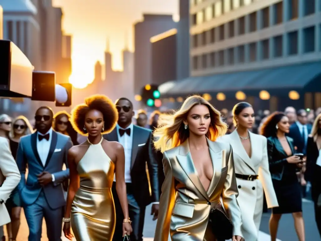Un grupo de celebridades y modelos pasea por una concurrida calle de la ciudad al atardecer, rodeados de cámaras y admiradores