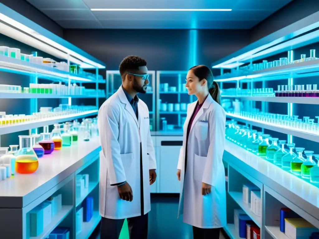 Grupo de científicos en bata blanca investigando en laboratorio farmacéutico con tecnología avanzada y estanterías de compuestos químicos coloridos