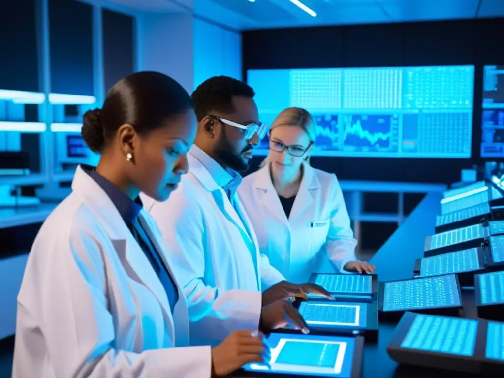 Grupo de científicos en laboratorio farmacéutico de vanguardia, analizando modelos moleculares y datos en pantallas de alta tecnología