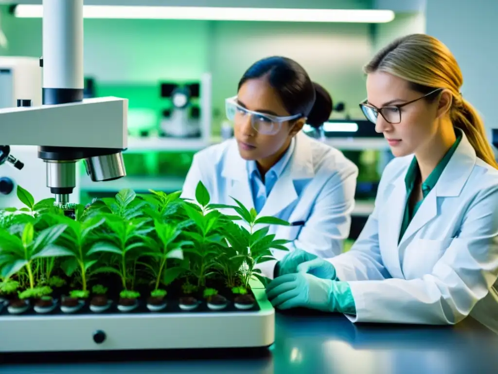 Un grupo de científicos en un laboratorio de última generación, analizando minuciosamente muestras de plantas bajo un potente microscopio