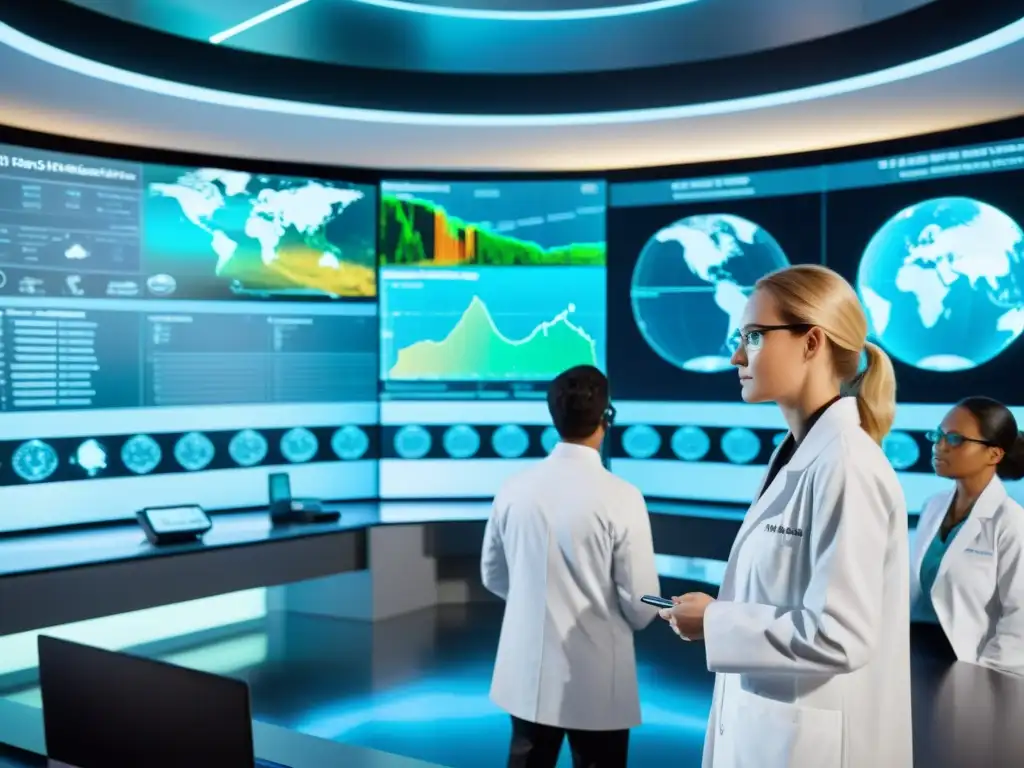 Un grupo de científicos en un laboratorio de vanguardia, estudiando datos sobre el cambio climático en una pantalla holográfica futurista