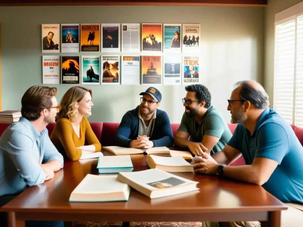 Un grupo de cineastas y autores colaborando en una animada discusión, rodeados de libros y guiones