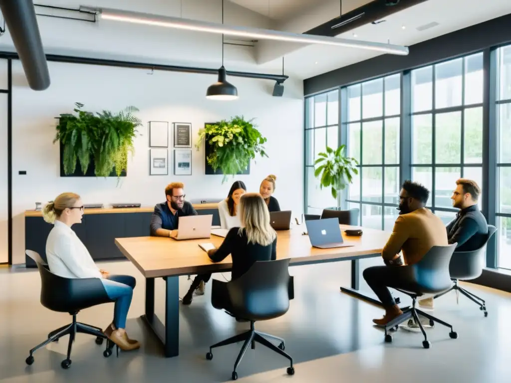 Un grupo de cineastas y guionistas colaborando en un guion en un moderno espacio de coworking