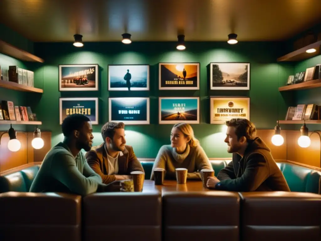 Un grupo de cineastas independientes conversan apasionadamente en un acogedor café, rodeados de películas clásicas y afiches vintage