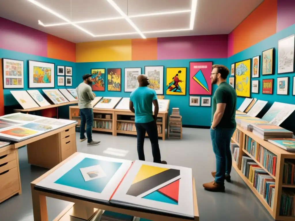 Grupo de creadores de cómics colaborando en su estudio, rodeados de bocetos coloridos y paneles de cómics
