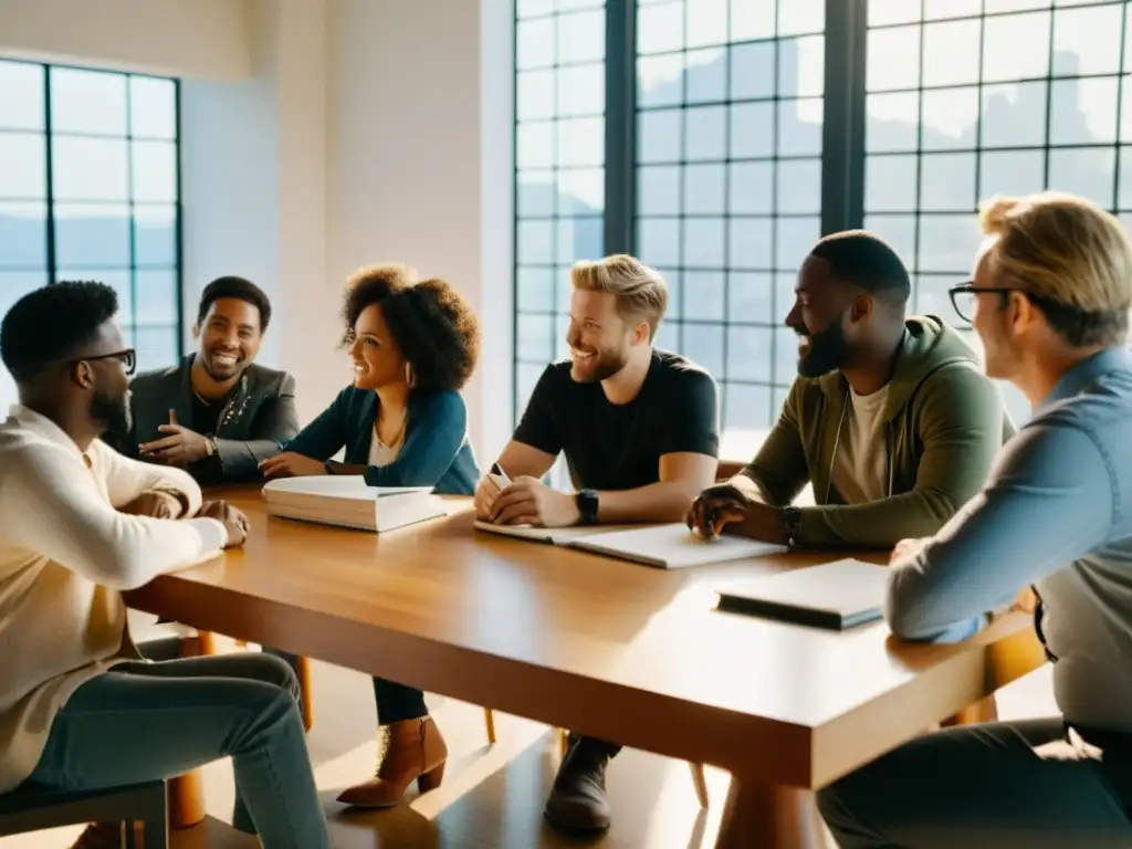 Un grupo de creadores de contenido y cineastas discuten animadamente alrededor de una mesa, iluminados por la luz natural