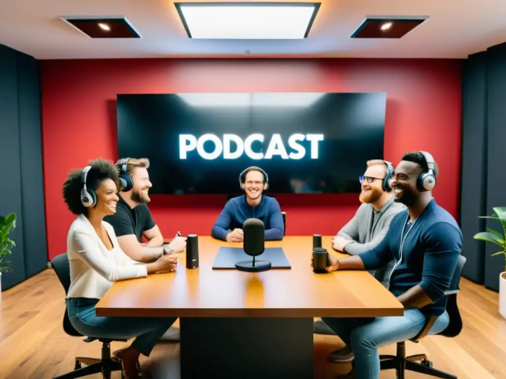 Un grupo de creadores de podcasts colaborando en un estudio moderno