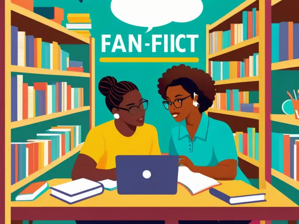 Grupo creativo de fan fiction colaborando en ambiente cálido y vibrante, rodeados de libros, artículos y dispositivos digitales