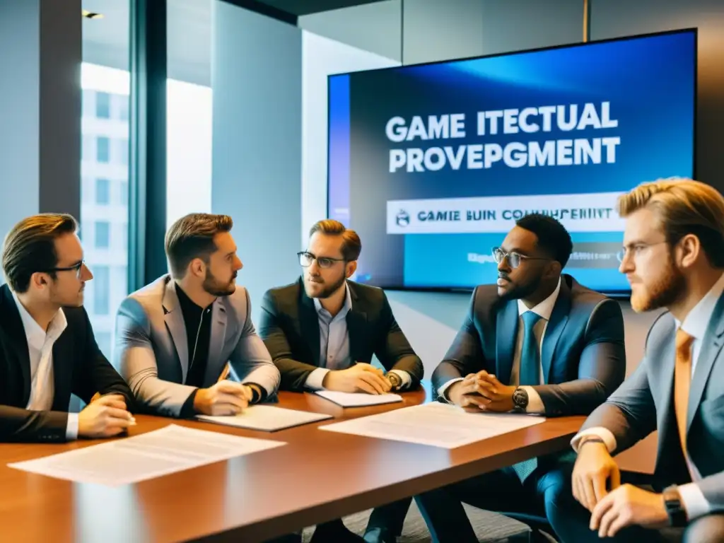 Grupo de desarrolladores de videojuegos y abogados discuten cláusulas propiedad intelectual videojuegos en una sala moderna y luminosa