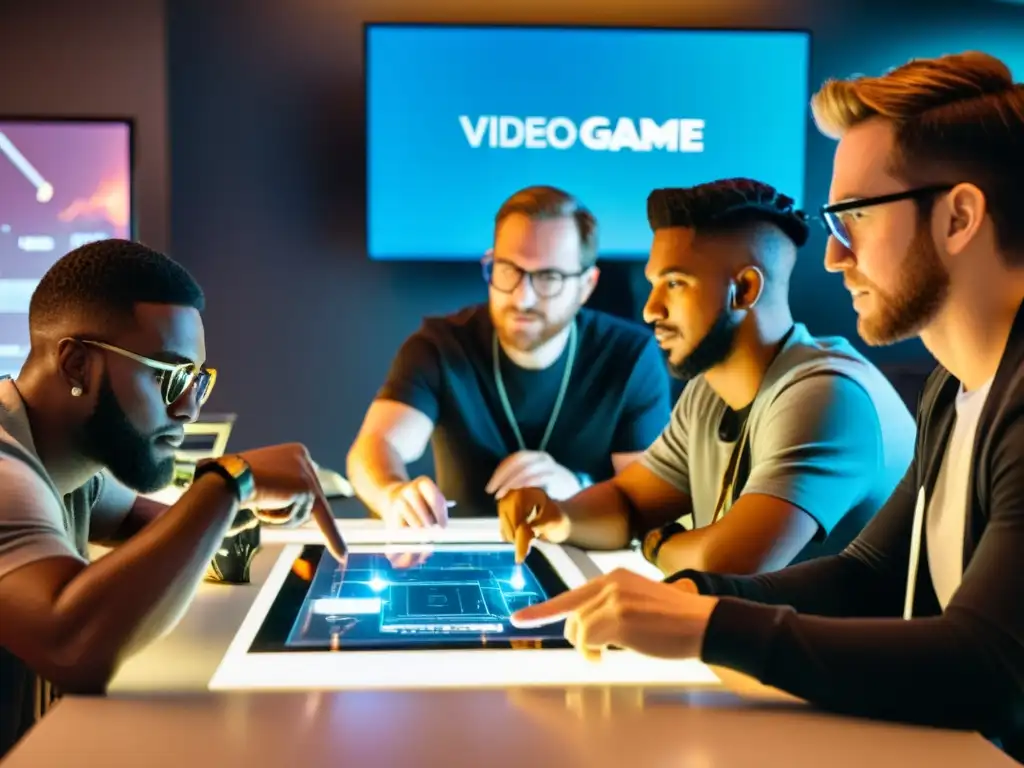 Un grupo de desarrolladores de videojuegos discuten ideas alrededor de una mesa, rodeados de tecnología futurista