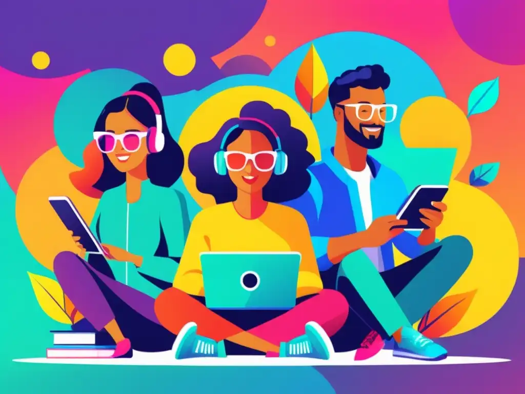 Un grupo dinámico de influencers crea contenido juntos en una ilustración vibrante y moderna