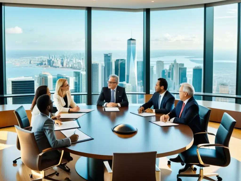 Grupo de diplomáticos negociando acuerdos internacionales de coexistencia de marcas en sala de reuniones moderna con vista a la ciudad