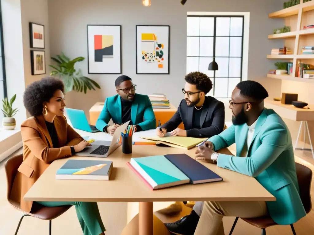 Un grupo de diseñadores diversos colaborando en una mesa, con herramientas de diseño, esbozos y laptops