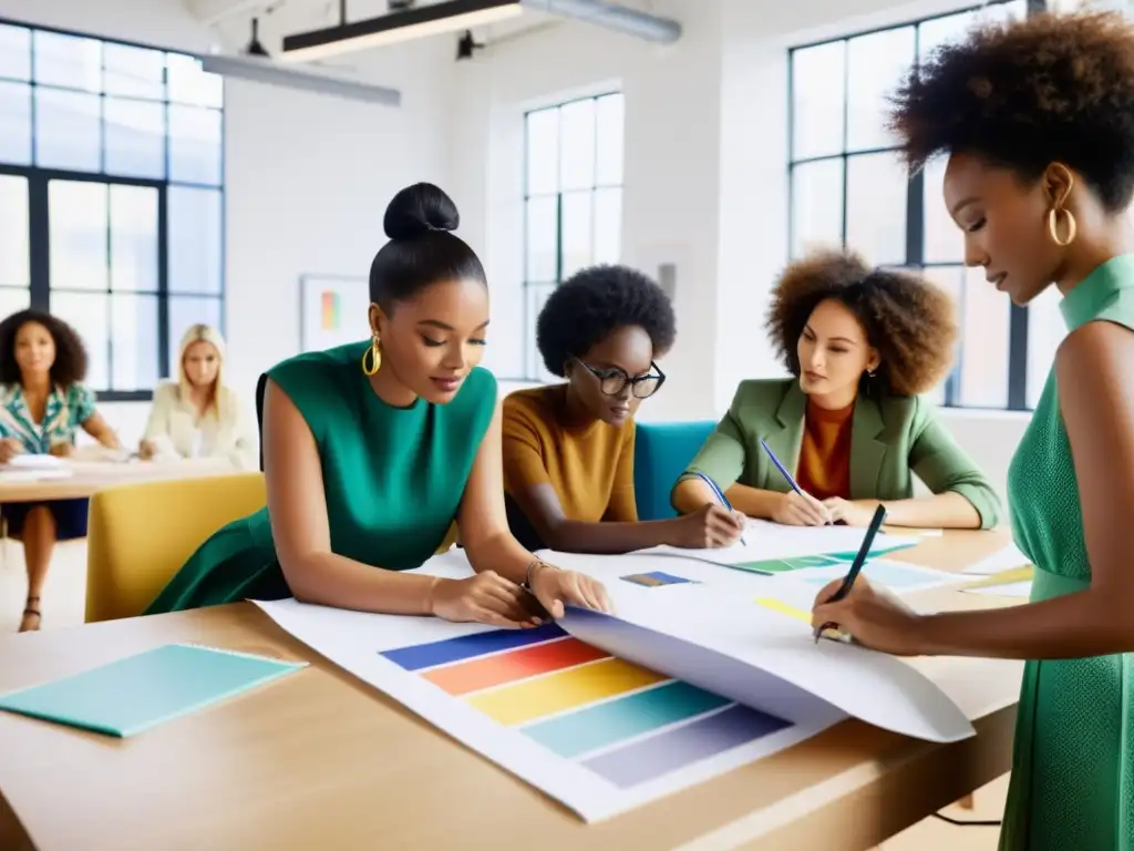 Grupo de diseñadores de moda y emprendedores colaborando y creando en un estudio moderno, con luz natural