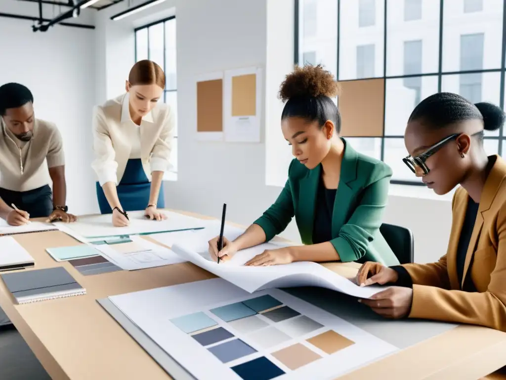 Grupo de diseñadores de moda y emprendedores colaborando en un estudio minimalista, lleno de luz natural, con paneles de inspiración, muestras de tela y tecnología de vanguardia