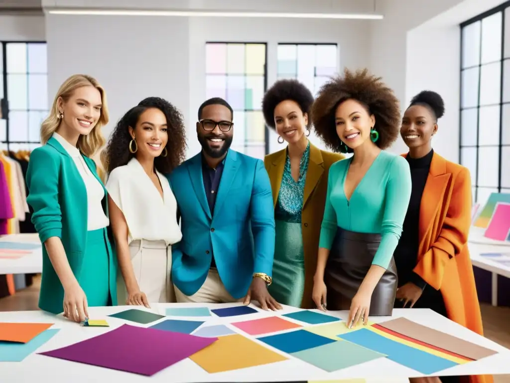 Un grupo de diseñadores de moda colaborando con entusiasmo en un estudio iluminado, rodeados de muestras de tela y bocetos coloridos