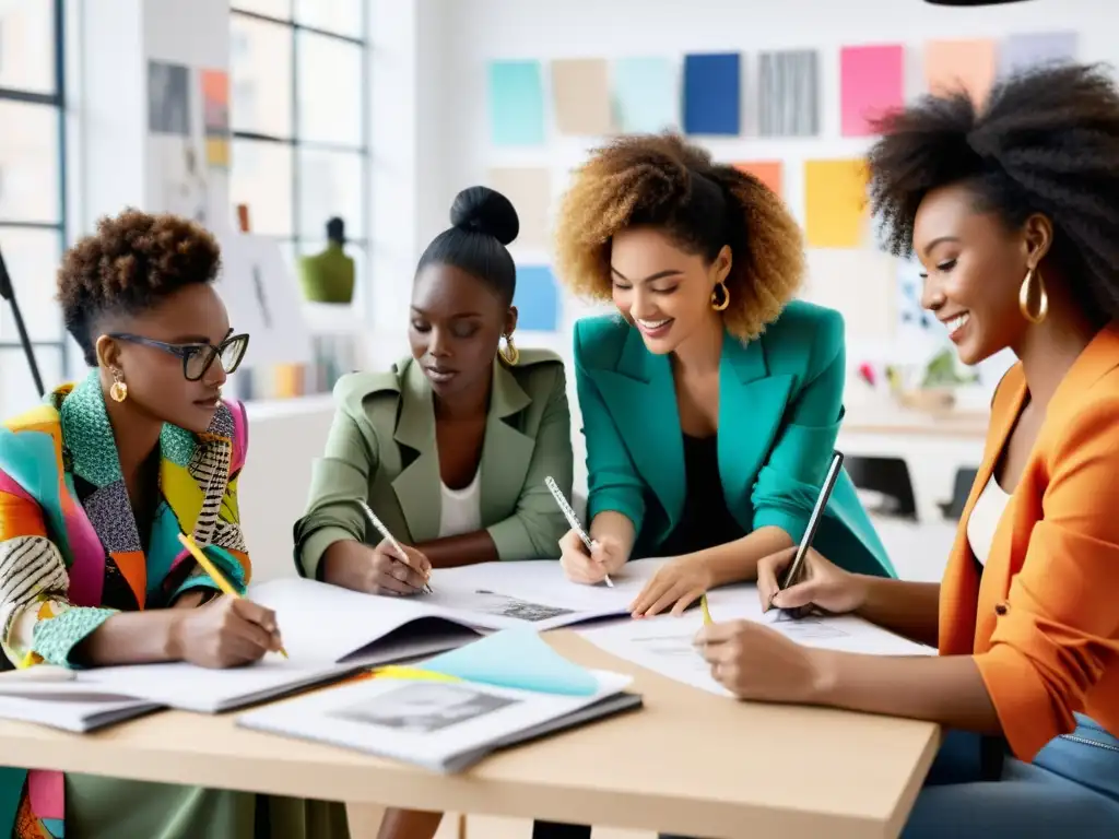 Grupo de diseñadores de moda colaborando en un estudio luminoso, rodeados de telas coloridas y revistas de moda, mientras discuten con entusiasmo