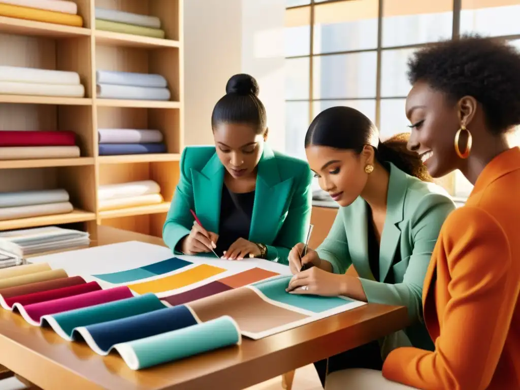 Un grupo de diseñadores de moda colabora en un estudio, rodeados de telas, bocetos y herramientas de costura