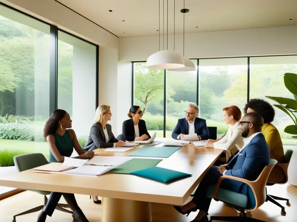 Grupo de diseñadores de moda y expertos legales colaborando en una sala luminosa con jardín sostenible