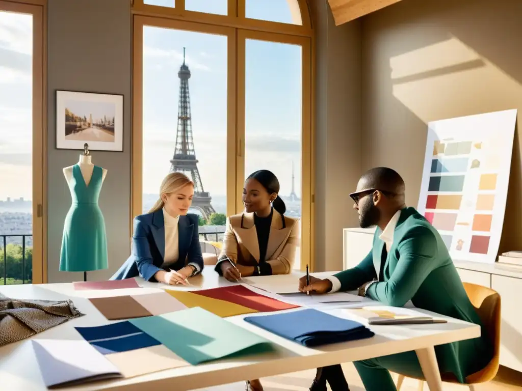 Un grupo de diseñadores de moda discuten creativamente en París, con la Torre Eiffel al fondo