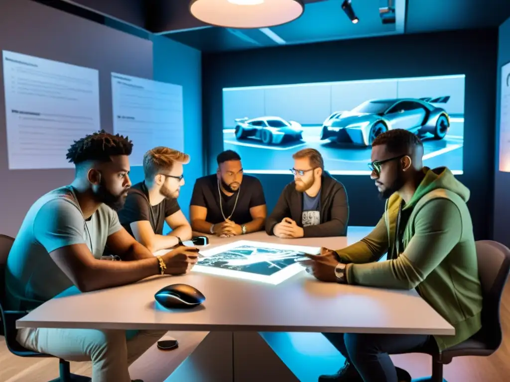 Un grupo de diseñadores de videojuegos brainstorming ideas en una sala futurista, discutiendo sobre Errores comunes propiedad intelectual videojuegos
